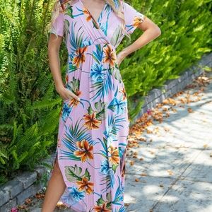 TROPICAL FLORAL SURPLICE ELASTIC WAIST SIDE SLIT MAXI DRESS